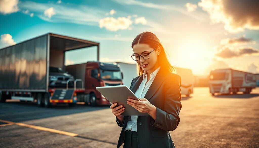 A contemporary, informative scene showcasing various auto transport options for car shipping. In the foreground, a professional female business consultant, dressed in smart business attire, is actively comparing transport quotes on a digital tablet. The middle ground features different auto transport vehicles: an open car carrier truck, an enclosed trailer, and a luxury vehicle transport option, emphasizing variety. In the background, a bustling shipping yard with bright blue skies and clouded horizon, illustrating a sense of reliable logistics and efficiency. The sunlight casts warm tones, enhancing the welcoming atmosphere. Focused, sharp details in the vehicles, with a slight depth of field to keep the consultant clear. The brand name "Best Car Shipping Inc" subtly integrated on the side of the enclosed trailer, ensuring it harmonizes with the composition while remaining professional.