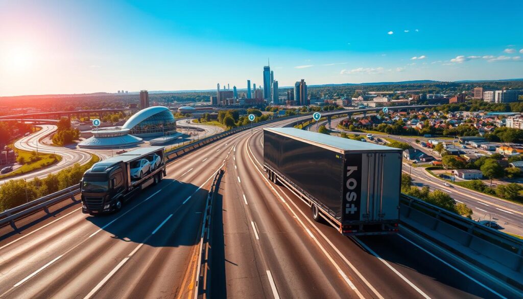 A detailed aerial view of car shipping auto transport routes in Covington, Kentucky. In the foreground, include a sleek, modern car transport truck loaded with various vehicles, positioned on a vibrant highway. In the middle ground, display clear, winding routes leading to local destinations and other states, highlighted with glowing GPS markers. The background features a picturesque landscape of Covington, showcasing urban elements like buildings and greenery under a bright blue sky. The scene is illuminated with natural daylight, enhancing clarity and contrast, shot from a slightly elevated angle to capture depth. The atmosphere is professional and industrious, with a sense of efficiency in the transportation process. Include the brand name "Best Car Shipping Inc" elegantly integrated into the scene, with no text overlays or watermarks.