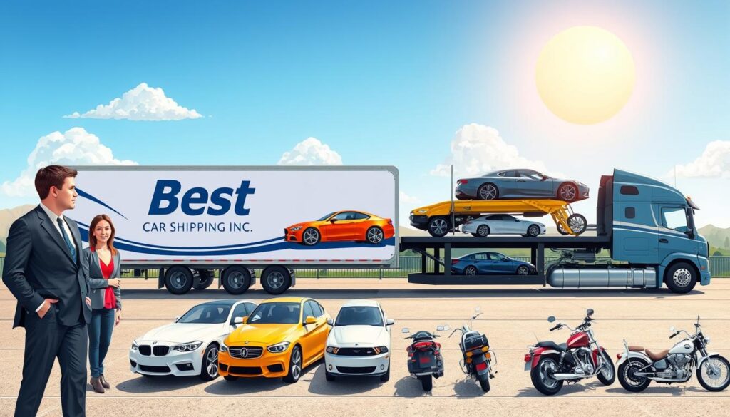 A detailed illustration showcasing various vehicle transport options. In the foreground, a professional male and female transport agent in business attire discuss logistics beside a sleek, enclosed car carrier truck featuring the brand "Best Car Shipping Inc." In the middle ground, depict a diverse range of vehicles ready for shipment, including sedans, SUVs, vintage cars, and motorcycles, all securely loaded. In the background, a sunny, clear sky above an Opelousas landscape with hints of local landmarks. Use bright, natural lighting to create an inviting atmosphere, capturing a sense of efficiency and professionalism. The scene should convey a calm and organized vibe, ideal for an auto transport service setting. The perspective should be slightly angled to emphasize the transport options and the professionalism of the agents.