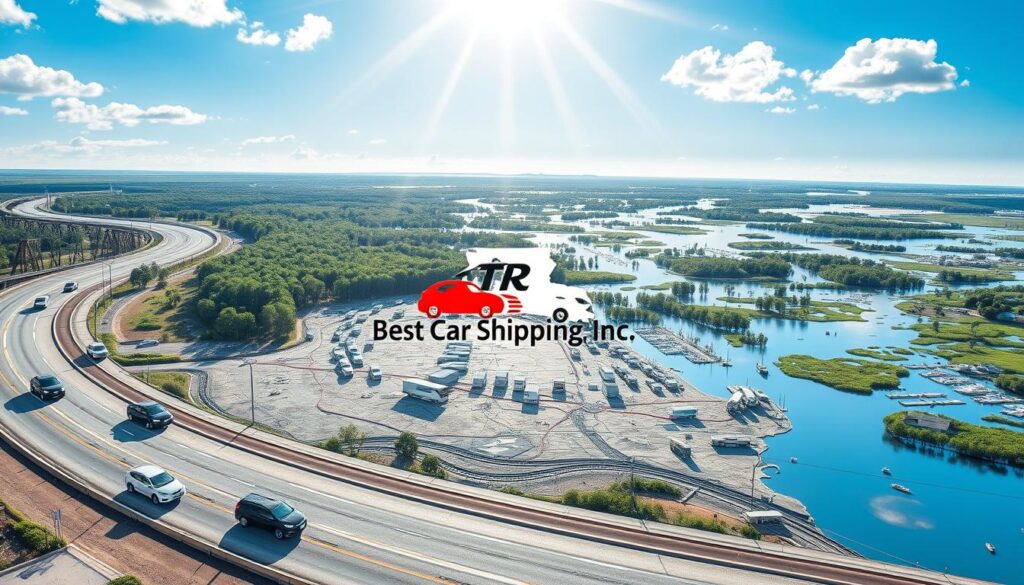 A detailed map showcasing car shipping routes in Chataignier, Louisiana, highlighting key transport corridors and regional landmarks. In the foreground, illustrate curves of highways with car silhouettes representing various vehicle types, suggesting movement and logistics. The middle ground should feature subtle icons of transportation hubs, such as rail yards and ports, with shaded relief showcasing the terrain. In the background, depict a serene Louisiana landscape with cypress trees and swamps under a bright blue sky, conveying a sense of locality and transport. Incorporate the branding “Best Car Shipping Inc” seamlessly into the design. Aim for a professional atmosphere with natural lighting and a slightly elevated angle to provide depth.