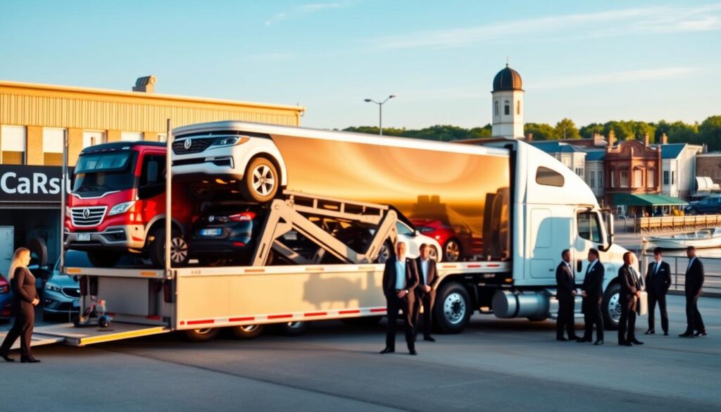 A detailed scene depicting "Best Car Shipping Inc" auto transport services in Paducah, Kentucky. In the foreground, showcase a sleek, modern transport truck loading a colorful array of vehicles, surrounded by professional staff in business attire. In the middle, present a well-organized auto service garage with tools, equipment, and a clean environment, reflecting efficiency and reliability. The background features the iconic Paducah landscape, including the Ohio River and charming local architecture under a bright blue sky. Use warm, natural lighting to enhance the friendly atmosphere, with a slight depth of field effect to focus on the truck and staff. Aim for a professional and inviting mood, highlighting the essence of safe and reliable car shipping services.