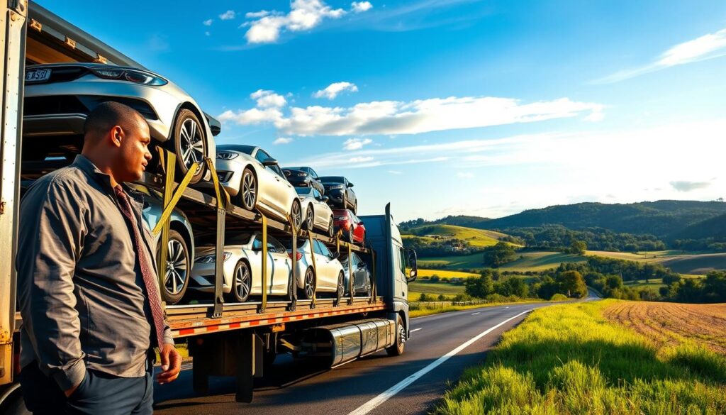 A detailed scene depicting car shipping in Radcliff, Kentucky. In the foreground, a professional truck driver in business attire, standing beside a large car transport truck filled with various vehicles secured by straps, showcasing a diverse selection of cars. The middle ground features the truck driving on a scenic country road surrounded by lush greenery and gently rolling hills that characterize Kentucky. In the background, a clear blue sky with soft white clouds enhances the tranquil atmosphere. The lighting is warm and inviting, suggesting late afternoon. The scene clearly showcases the brand "Best Car Shipping Inc" on the side of the truck, emphasizing expert car shipping services in a vibrant yet professional setting.