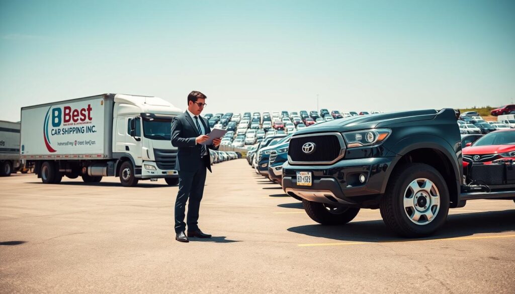 A detailed scene depicting the lot pickup process of vehicle transport, showcasing the journey from winning bid to final delivery. In the foreground, a professional delivery driver, dressed in smart business attire, inspects a vehicle on the lot, clipboard in hand, next to a branded truck marked "Best Car Shipping Inc." The middle ground features several cars lined up, ready for transport, with clear display of their auction numbers. In the background, a bustling lot filled with various vehicles under a sunny sky, creating an energetic atmosphere of organized activity. The image is well-lit, emphasizing bright colors, with a slightly angled perspective to provide depth. Capture a mood of efficiency and professionalism as vehicles are prepared for shipment.