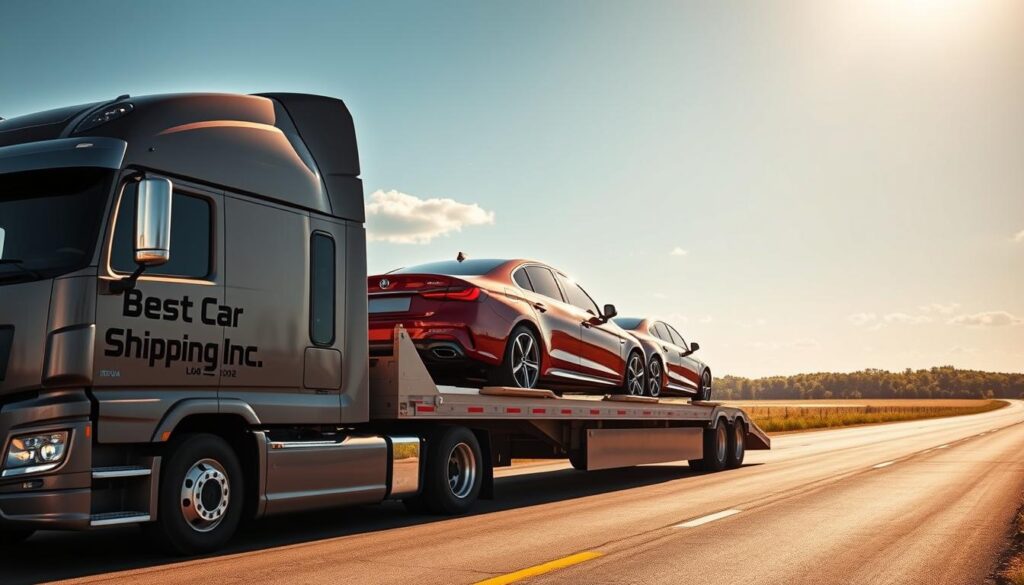 A detailed scene of a car shipping operation showcasing a transport truck loaded with vehicles in transit from Iowa to Louisiana. In the foreground, the sleek silhouette of a modern transport truck stands ready for departure, with the brand name "Best Car Shipping Inc" prominently displayed on its side. The middle ground features a beautifully polished sedan and an SUV carefully secured on the truck's flatbed. The background depicts a sunny, expansive Iowa landscape transitioning into lush Louisiana scenery, emphasizing the long journey. Warm sunlight bathes the scene, highlighting reflections on the car surfaces and creating a sense of professionalism and reliability. The camera angle captures the trucks in a dynamic perspective, conveying motion while ensuring all elements are visually harmonized. The mood is optimistic and trustworthy, perfectly illustrating the efficiency of car shipping services. A detailed scene of a car shipping operation showcasing a transport truck loaded with vehicles in transit from Iowa to Louisiana. In the foreground, the sleek silhouette of a modern transport truck stands ready for departure, with the brand name "Best Car Shipping Inc" prominently displayed on its side. The middle ground features a beautifully polished sedan and an SUV carefully secured on the truck's flatbed. The background depicts a sunny, expansive Iowa landscape transitioning into lush Louisiana scenery, emphasizing the long journey. Warm sunlight bathes the scene, highlighting reflections on the car surfaces and creating a sense of professionalism and reliability. The camera angle captures the trucks in a dynamic perspective, conveying motion while ensuring all elements are visually harmonized. The mood is optimistic and trustworthy, perfectly illustrating the efficiency of car shipping services.