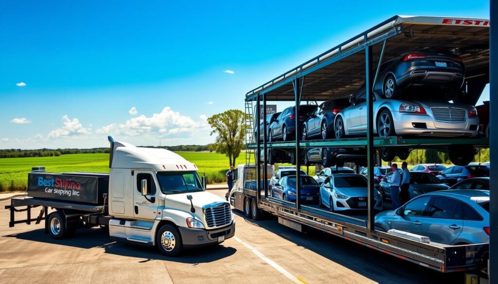 A detailed scene of car shipping and auto transport in Eunice, Louisiana. In the foreground, a large, modern car transport truck with the brand name "Best Car Shipping Inc" prominently displayed. The truck is loaded with a variety of vehicles, including sedans and SUVs, lined up neatly. In the middle ground, a bustling auto transport facility with well-maintained cars parked in rows, with staff in professional attire coordinating the logistics. In the background, the scenic Louisiana landscape with green fields and cypress trees under a bright blue sky, creating an inviting atmosphere. The lighting is bright and sunny, with soft shadows, conveying a sense of reliability and professionalism in car shipping services. The angle is slightly elevated, showcasing the entire scene harmoniously. A detailed scene of car shipping and auto transport in Eunice, Louisiana. In the foreground, a large, modern car transport truck with the brand name "Best Car Shipping Inc" prominently displayed. The truck is loaded with a variety of vehicles, including sedans and SUVs, lined up neatly. In the middle ground, a bustling auto transport facility with well-maintained cars parked in rows, with staff in professional attire coordinating the logistics. In the background, the scenic Louisiana landscape with green fields and cypress trees under a bright blue sky, creating an inviting atmosphere. The lighting is bright and sunny, with soft shadows, conveying a sense of reliability and professionalism in car shipping services. The angle is slightly elevated, showcasing the entire scene harmoniously.