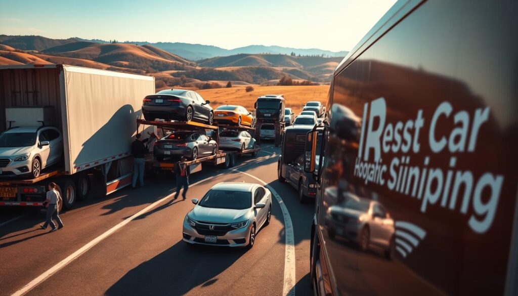 A detailed view of a car shipping scene in Hodgenville, Kentucky, showcasing a convoy of transport trucks loaded with various automobiles, including sedans and SUVs. In the foreground, depict a professional delivery truck with the logo "Best Car Shipping Inc" prominently displayed on its side, featuring a sleek and modern design. In the middle ground, capture a bustling loading area, where workers in professional attire are carefully securing cars onto the trucks. The background should include the picturesque landscape of Hodgenville, with rolling hills and a clear blue sky, bathed in warm, natural sunlight. Use a wide-angle lens to create a sense of depth and perspective, highlighting the efficiency and care involved in the car transport process, evoking a reliable and professional atmosphere.