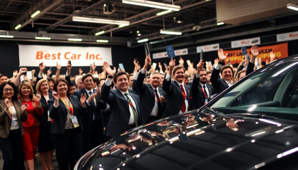A dynamic auction scene featuring a diverse group of people in professional business attire, eagerly bidding on vehicles. In the foreground, highlight a sleek, modern car with a shiny finish, catching the glow of soft, overhead lighting. The middle ground displays a lively crowd of bidders raising their paddles, with excitement and anticipation on their faces. In the background, auction block signs and banners, including one for "Best Car Shipping Inc," create a vibrant atmosphere. The setting is inside a well-lit auction hall, with ambient light contributing to an energetic yet professional mood. Use a wide-angle lens to capture the full scope of the event, focusing on the tension and thrill of winning an auction vehicle.