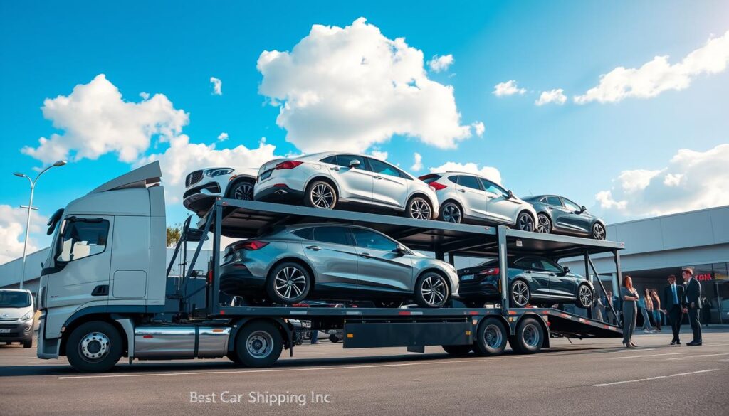 A dynamic auto transport scene showcasing a modern vehicle shipping solution. In the foreground, a sleek, well-maintained car carrier truck with a variety of vehicles, including luxury cars and SUVs, loaded securely on the upper deck. In the middle ground, a busy car dealership with staff in professional business attire engaging with customers, highlighting flexible shipping options. The background features a clear blue sky with fluffy clouds, under bright yet soft lighting to create an inviting atmosphere. The image should convey efficiency and reliability, emphasizing logistics and professionalism. Include a subtle logo of “Best Car Shipping Inc” on the truck’s side, ensuring it blends seamlessly into the scene. Use a wide-angle lens to capture the entire environment and create depth.