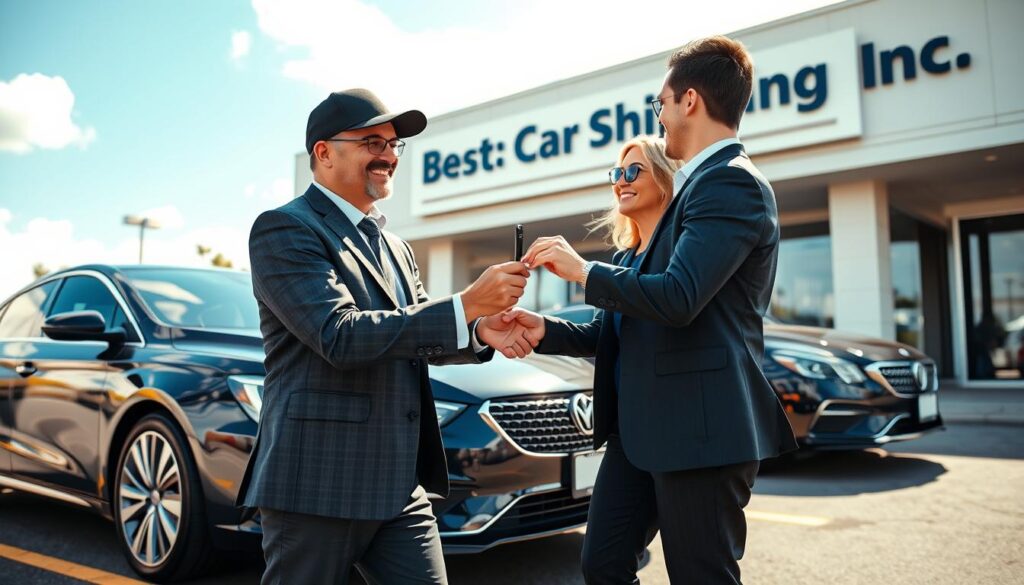 A dynamic scene at a car dealership showcasing a vehicle delivery service. In the foreground, a well-dressed delivery driver in professional attire, smiling as they hand over the keys to an excited customer in business casual clothing. The middle ground features a shiny, new car—perhaps a sleek sedan or SUV—parked on the lot, glistening under bright, natural sunlight. In the background, the dealership building displays the brand name "Best Car Shipping Inc" prominently on a banner. The scene is lively, with a blue sky and a few fluffy clouds, enhancing the mood of satisfaction and excitement associated with hassle-free auto transport. Use a wide-angle lens to capture the essence of the dealership atmosphere, emphasizing professionalism and customer service. A dynamic scene at a car dealership showcasing a vehicle delivery service. In the foreground, a well-dressed delivery driver in professional attire, smiling as they hand over the keys to an excited customer in business casual clothing. The middle ground features a shiny, new car—perhaps a sleek sedan or SUV—parked on the lot, glistening under bright, natural sunlight. In the background, the dealership building displays the brand name "Best Car Shipping Inc" prominently on a banner. The scene is lively, with a blue sky and a few fluffy clouds, enhancing the mood of satisfaction and excitement associated with hassle-free auto transport. Use a wide-angle lens to capture the essence of the dealership atmosphere, emphasizing professionalism and customer service.