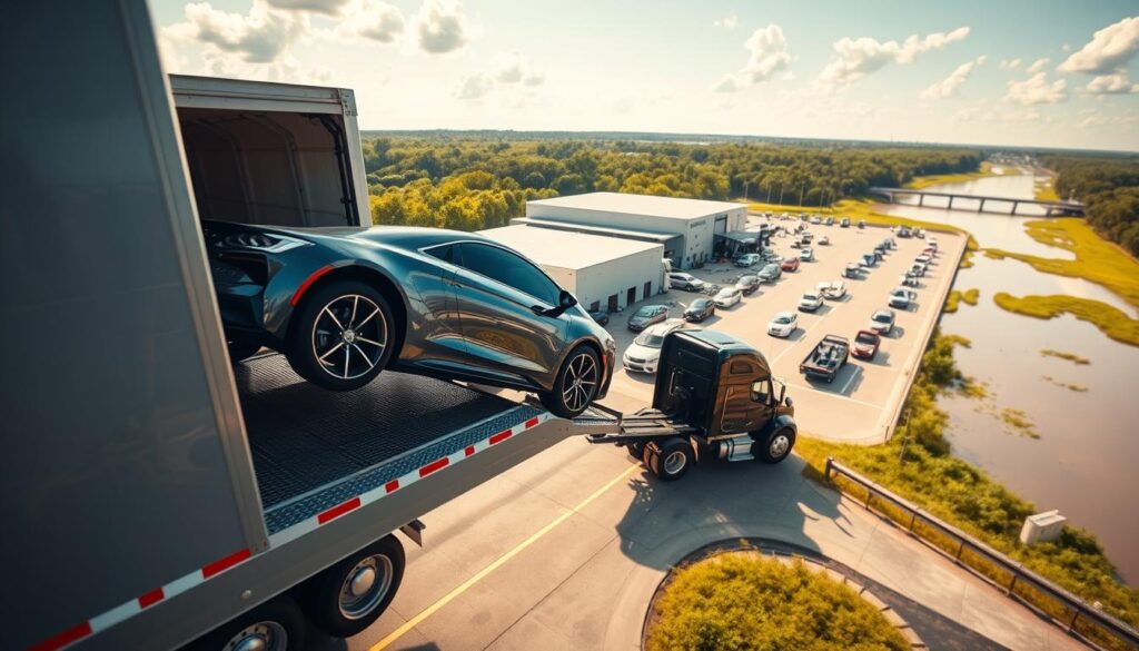 A dynamic scene capturing "Best Car Shipping Inc" in Lockport, Louisiana. In the foreground, a sleek, modern car being gently loaded onto a dedicated car transport truck, showcasing professionalism and efficiency. The middle ground features a well-organized shipping yard with various vehicles in transit, emphasizing a bustling, vibrant atmosphere. In the background, iconic Louisiana landscapes including lush greenery and the Mississippi River add a regional touch. Soft, warm lighting reflects a sunny day, creating an inviting atmosphere. The perspective is slightly elevated, capturing the action from a bird's-eye view, highlighting the logistical prowess of the shipping process. Overall, the mood is one of reliability and professionalism in car shipping and auto transport. A dynamic scene capturing "Best Car Shipping Inc" in Lockport, Louisiana. In the foreground, a sleek, modern car being gently loaded onto a dedicated car transport truck, showcasing professionalism and efficiency. The middle ground features a well-organized shipping yard with various vehicles in transit, emphasizing a bustling, vibrant atmosphere. In the background, iconic Louisiana landscapes including lush greenery and the Mississippi River add a regional touch. Soft, warm lighting reflects a sunny day, creating an inviting atmosphere. The perspective is slightly elevated, capturing the action from a bird's-eye view, highlighting the logistical prowess of the shipping process. Overall, the mood is one of reliability and professionalism in car shipping and auto transport.