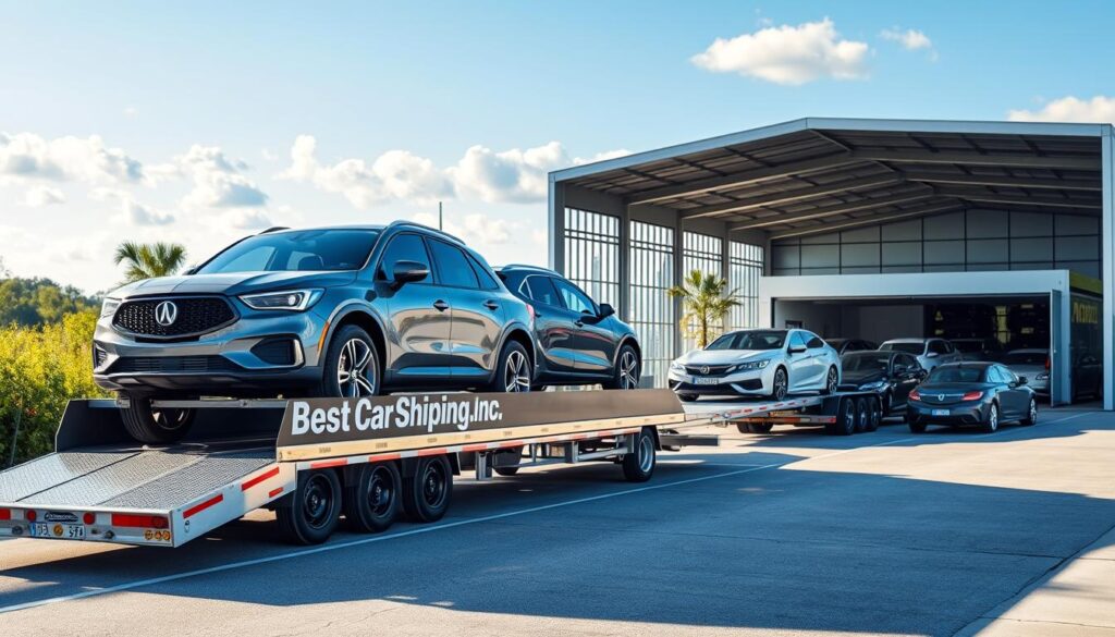 A dynamic scene depicting car shipping logistics in Welsh, Louisiana. In the foreground, showcase an array of vehicles on a sleek car transport trailer, reflecting the brand name "Best Car Shipping Inc" prominently. The middle ground features an open yard with a modern shipping facility, loaded with cars of various colors and styles, surrounded by greenery typical of Louisiana. In the background, a clear blue sky with soft clouds adds depth, showcasing a vibrant atmosphere. Use natural sunlight to illuminate the scene, casting subtle shadows, and employ a slightly elevated angle for a comprehensive view of the logistics operation. The mood is professional and efficient, emphasizing reliability and care in auto transport.