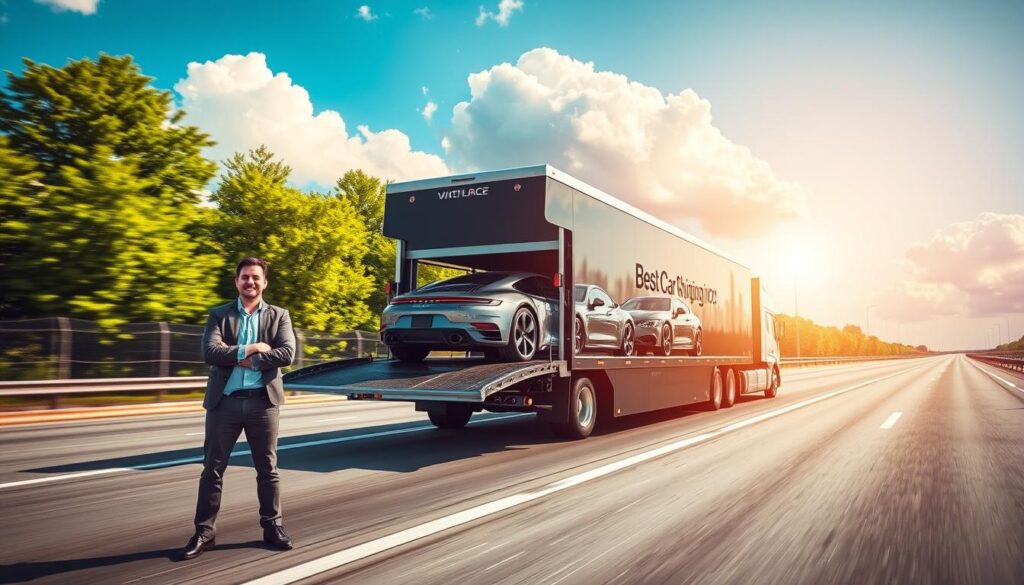 A dynamic scene depicting dealer-to-dealer vehicle shipping, showcasing a modern car transport truck loaded with luxury vehicles. In the foreground, a professional driver in business attire stands confidently beside the truck, checking the vehicles secured in the transport. The middle ground features the sleek transport truck on a busy highway, with lush green trees lining the road, indicating a nationwide service. In the background, a clear blue sky with soft, fluffy clouds conveys a sense of reliability and freedom. The lighting is bright and inviting, capturing a sense of professionalism and dependability. The logo "Best Car Shipping Inc" can be seen prominently on the side of the truck, enhancing brand visibility. Overall, the image exudes an atmosphere of efficiency, trust, and quality service in vehicle transport.