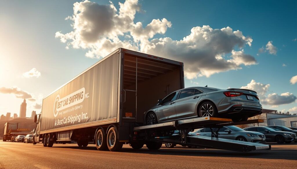 A dynamic scene depicting reliable auto transport services in Hardinsburg, Kentucky. In the foreground, a sleek, modern truck emblazoned with the logo "Best Car Shipping Inc" is preparing to load a shiny sedan, showcasing commitment to safe and timely delivery. The middle ground features an organized car terminal with several vehicles ready for transport, creating a sense of efficiency and professionalism. In the background, the picturesque Hardinsburg skyline is visible under a bright blue sky, with fluffy white clouds. The lighting is warm and inviting, suggesting a sunny afternoon. Capture this scene from a slightly elevated angle to provide depth and highlight the bustling auto transport activity, conveying a mood of trust and reliability. The atmosphere feels industrious yet serene, illustrating the commitment to customer satisfaction. A dynamic scene depicting reliable auto transport services in Hardinsburg, Kentucky. In the foreground, a sleek, modern truck emblazoned with the logo "Best Car Shipping Inc" is preparing to load a shiny sedan, showcasing commitment to safe and timely delivery. The middle ground features an organized car terminal with several vehicles ready for transport, creating a sense of efficiency and professionalism. In the background, the picturesque Hardinsburg skyline is visible under a bright blue sky, with fluffy white clouds. The lighting is warm and inviting, suggesting a sunny afternoon. Capture this scene from a slightly elevated angle to provide depth and highlight the bustling auto transport activity, conveying a mood of trust and reliability. The atmosphere feels industrious yet serene, illustrating the commitment to customer satisfaction.