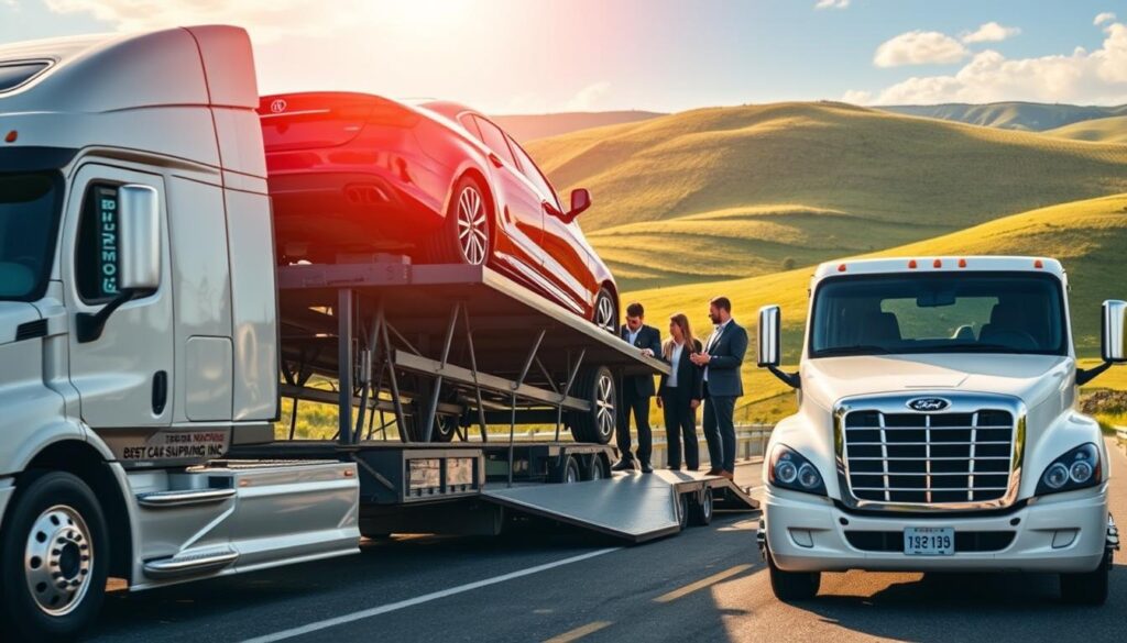 A dynamic scene depicting reliable vehicle transportation services in Livermore, Kentucky. In the foreground, a sleek white truck from "Best Car Shipping Inc." is loading a shiny, red sedan onto an auto transport trailer, showcasing its efficient loading process. In the middle ground, a diverse group of professional drivers in business attire are discussing logistics, emphasizing teamwork and reliability. The background features scenic rolling hills, with a clear blue sky and soft sunlight illuminating the scene, creating an optimistic atmosphere. The angle captures both the action of loading and the surrounding landscape, suggesting a trusted and efficient auto transport service. The overall mood is industrious and trustworthy, perfect for highlighting auto shipping capabilities.