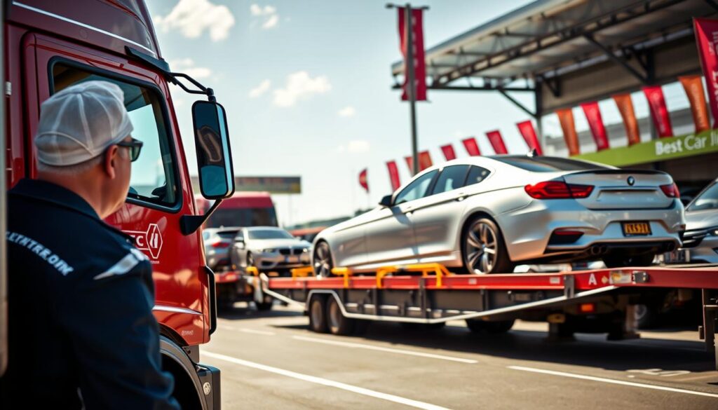 A dynamic scene featuring a convoy of transport trucks efficiently loading vehicles for shipping, showcasing "Best Car Shipping Inc". In the foreground, a truck driver in professional attire supervises the process, ensuring safety and precision. In the middle ground, three shiny new cars are being carefully secured onto a well-maintained carrier, with bright colors reflecting the strong sunlight. The background presents a busy car dealership, with vibrant banners and neatly organized rows of cars, suggesting the dealership's commitment to customer satisfaction. The lighting is bright and clear, enhancing the details of the vehicles and transportation equipment. Capture this scene from a slightly elevated angle to emphasize the speed and efficiency of the shipping process, conveying a mood of professionalism and reliability.