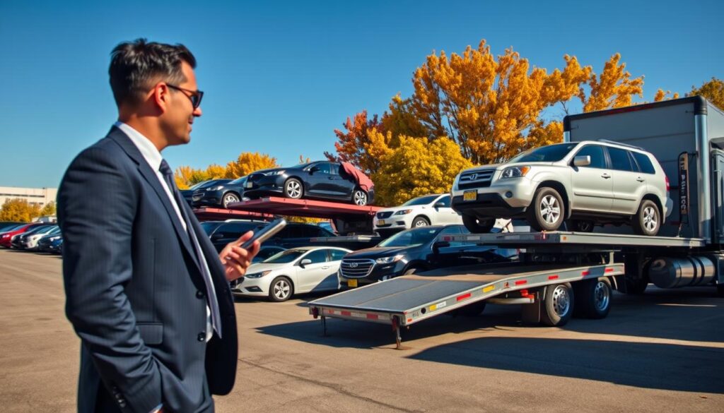 A dynamic scene of a vehicle transport yard showcasing various auction cars being carefully loaded onto a flatbed truck, emphasizing reliable shipping solutions. In the foreground, a professional individual in business attire is discussing logistics with a transport manager, both focused and engaged. The middle ground features multiple vehicles, including sedans, SUVs, and trucks, parked neatly, accompanied by a well-maintained flatbed truck from "Best Car Shipping Inc" ready for loading. In the background, an expansive blue sky complements the scene, with hints of autumn trees adding warmth to the atmosphere. The lighting is bright and natural, suggesting a clear day, with shadows providing depth. The angle captures the dynamic action of transport while emphasizing professionalism in vehicle shipping across the nation.