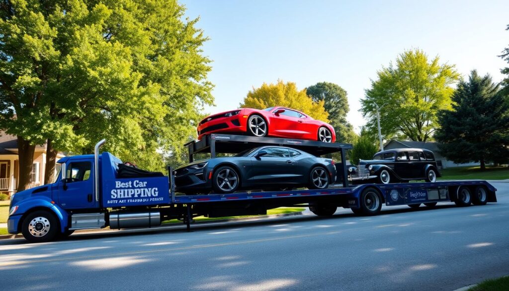 A dynamic scene of auto transport in Hardinsburg, Kentucky, featuring a bright blue truck from "Best Car Shipping Inc" transporting several cars, including a red sports car, a sleek black sedan, and a classic vintage car. In the foreground, the truck is prominently displayed, parked on a suburban street lined with lush green trees and well-maintained homes. The middle ground shows the loaded vehicles secured with straps on the trailer. In the background, a clear blue sky indicates a sunny day, highlighting the tranquility of the area. The lighting is bright and natural, enhancing the colors of the cars and the surroundings. The atmosphere feels professional and reliable, embodying a sense of trust in auto transport services while emphasizing Hardinsburg's charm. A dynamic scene of auto transport in Hardinsburg, Kentucky, featuring a bright blue truck from "Best Car Shipping Inc" transporting several cars, including a red sports car, a sleek black sedan, and a classic vintage car. In the foreground, the truck is prominently displayed, parked on a suburban street lined with lush green trees and well-maintained homes. The middle ground shows the loaded vehicles secured with straps on the trailer. In the background, a clear blue sky indicates a sunny day, highlighting the tranquility of the area. The lighting is bright and natural, enhancing the colors of the cars and the surroundings. The atmosphere feels professional and reliable, embodying a sense of trust in auto transport services while emphasizing Hardinsburg's charm.