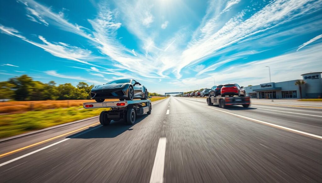 A dynamic scene showcasing a modern vehicle transport truck from "Best Car Shipping Inc" in the foreground, with a sleek line of luxury cars loaded securely on the truck's elevated platform, glistening under bright sunlight. The middle layer features a smooth asphalt roadway stretching into the horizon, flanked by lush greenery and occasional dealerships, emphasizing a sense of speed and efficiency. In the background, a clear blue sky with wispy clouds enhances the feeling of openness and freedom. The angle is slightly elevated to capture the scale of the transport truck and the vibrant colors of the vehicles. The overall atmosphere conveys professionalism, reliability, and confidence in nationwide vehicle transport services, making it an ideal visual representation of seamless auto transport for car dealerships.