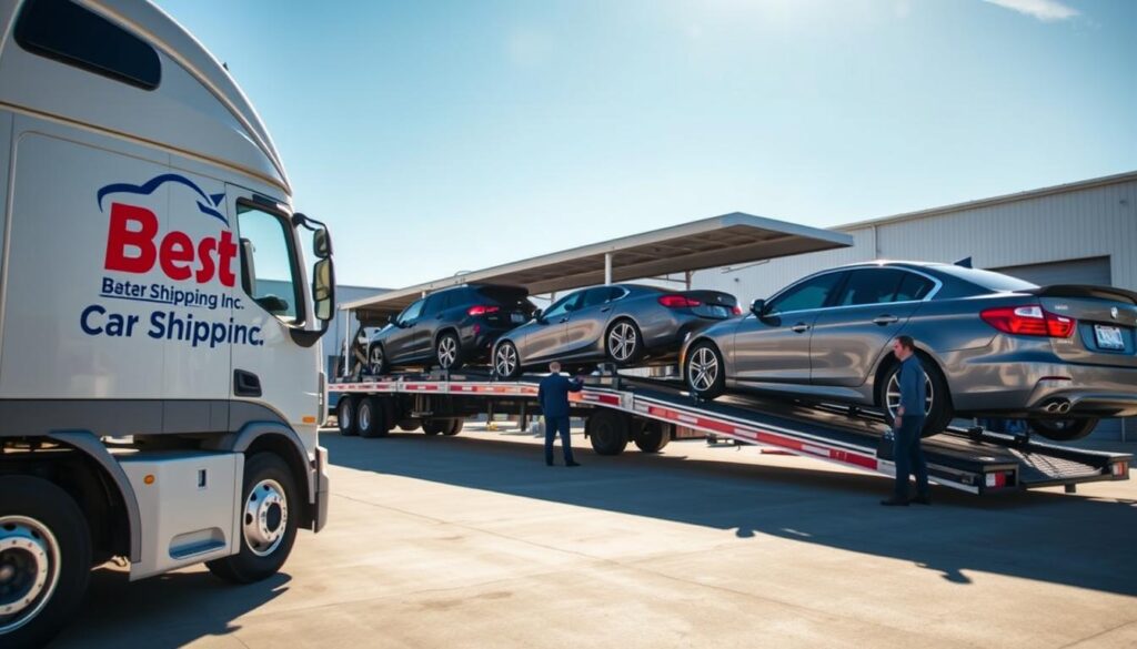 A dynamic scene showcasing auto transport services in Versailles, Kentucky, featuring a professional car shipping terminal. In the foreground, a neatly parked truck with the logo "Best Car Shipping Inc" prominently displayed on its side. The middle ground features several shiny vehicles being loaded onto an open car carrier, demonstrating the care and efficiency of the transport process. The background includes a spacious warehouse with a clear blue sky, sunlight pouring in to enhance the scene's bright and welcoming atmosphere. The image conveys a sense of reliability and professionalism, showcasing transportation workers in business attire directing the loading process. Capture the angle slightly from above to give a comprehensive view of the operation, with vivid colors to evoke trust and safety in auto transport services.