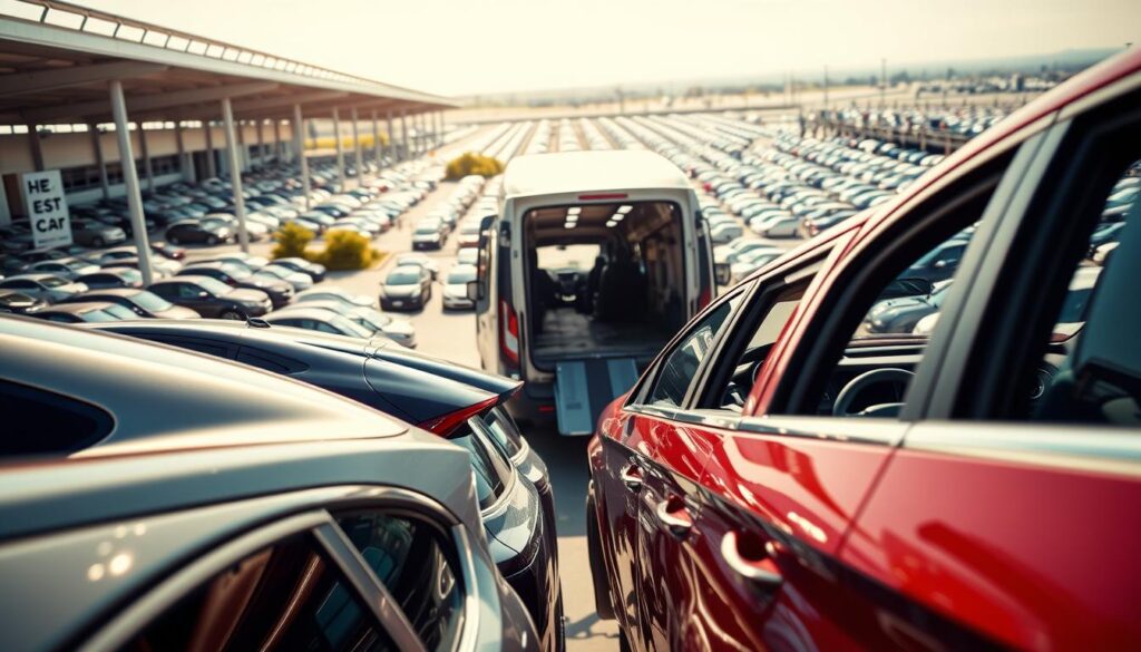 A dynamic scene showcasing the vehicle door destination for car transport, emphasizing the "Best Car Shipping Inc" brand. In the foreground, a collection of different car doors neatly arranged, each labeled with a destination tag. The middle ground features a sleek transport vehicle with an open rear compartment ready to load cars, under bright daylight that highlights the shiny surfaces. In the background, an expansive dealership lot filled with a variety of vehicles, suggesting readiness for transport. The angle captures a slight upward view, evoking a sense of professionalism and efficiency. The atmosphere is focused and organized, reflecting the meticulous nature of car transport services.