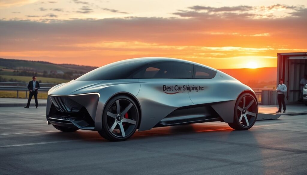 A futuristic "ship car" hybrid envisioned as a sleek and modern vehicle designed for auto transport. In the foreground, showcase the vehicle with smooth, aerodynamic lines, featuring large, durable wheels and a high-tech shipping platform integrated into its design. The middle ground reveals a bustling loading dock in Danville, Kentucky, with workers in professional business attire coordinating the loading process. In the background, include scenic views of rolling hills and a vibrant sunset, casting a warm glow over the scene. Use soft, natural lighting to create an inviting atmosphere. The brand name "Best Car Shipping Inc" should be subtly integrated into the design of the vehicle. Capture a sense of efficiency and professionalism in the auto transport industry.