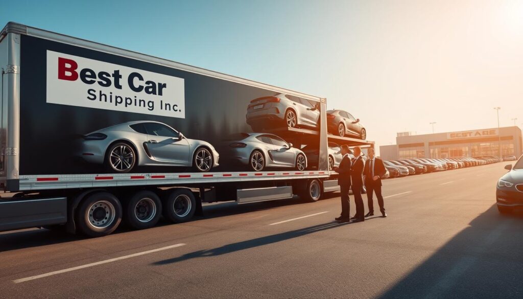 A highly detailed scene depicting a dealer-to-dealer car shipping process. In the foreground, a large, modern car-hauling truck displays the logo "Best Car Shipping Inc" prominently. The truck is loaded with various vehicles, showcasing a mix of sedans and SUVs, all in pristine condition. In the middle ground, a group of business professionals in smart attire discusses logistics and delivery schedules, emphasizing a serious yet collaborative atmosphere. The background features a busy dealership with cars lined up for sale, under a clear blue sky with soft, natural sunlight casting gentle shadows. The camera angle is slightly elevated to capture the entire scene, and the overall mood conveys efficiency and professionalism in the car shipping industry.