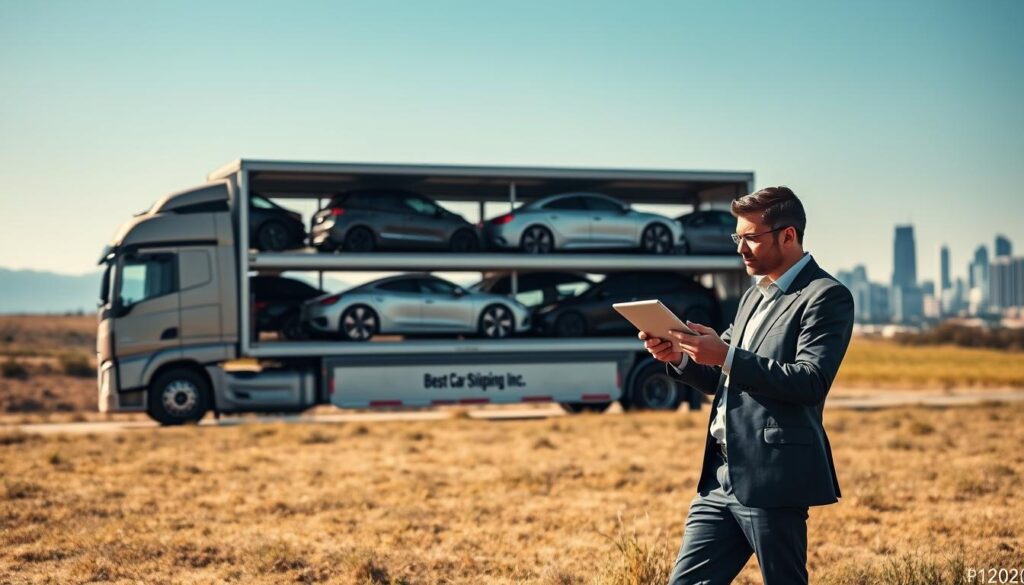 A large, modern transport truck loaded with multiple cars on a rolling landscape, showcasing the process of car shipping in 2026. In the foreground, include a neatly dressed logistics manager reviewing a digital tablet, standing beside the truck. In the middle ground, the transport truck features prominently, with a mix of shiny vehicles—sedans, SUVs, and electric cars—carefully secured. The background shows a clear blue sky and a vibrant city skyline, symbolizing the destination. Natural lighting creates a bright, optimistic atmosphere, highlighting the efficiency of contemporary car shipping methods. The brand name “Best Car Shipping Inc” is displayed on the truck, emphasizing professionalism and reliability. The image should capture the seamless journey from quote to delivery, encapsulating a sense of innovation in auto transport.