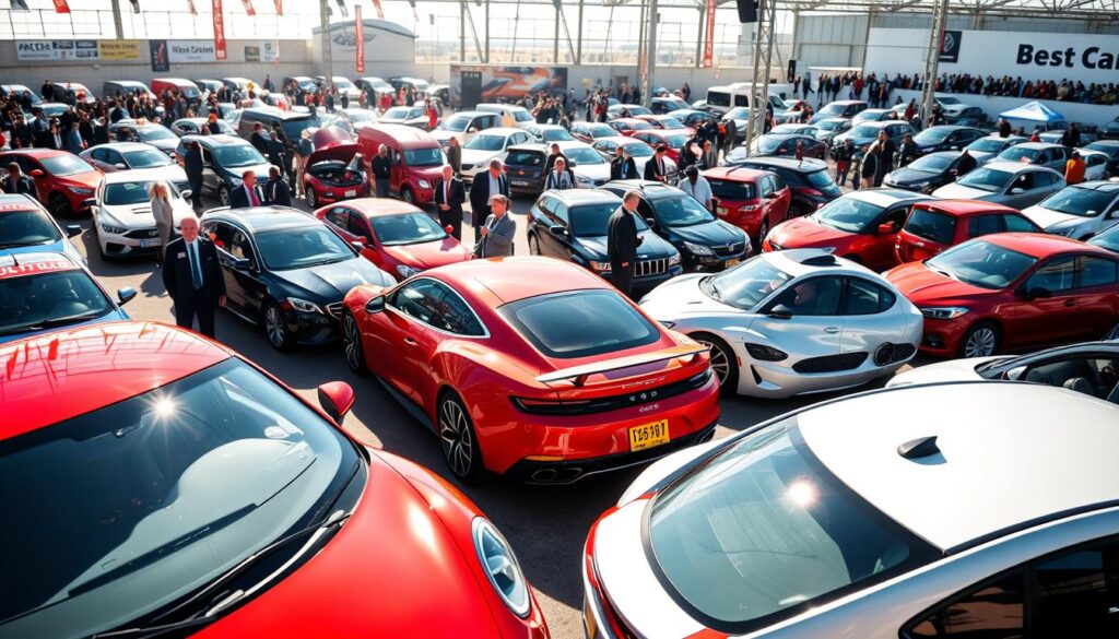 A lively auto auction scene showcasing a diverse lineup of vehicles, including sedans, SUVs, and trucks, all parked in neat rows under bright, midday sunlight. In the foreground, a shiny red sports car stands out, reflecting the sunlight. In the middle, an array of vehicles from various manufacturers, some with auction signs displayed on them, hinting at their competitive prices. The background features a bustling auction arena filled with spectators in professional attire, enthusiastically inspecting the cars. The atmosphere is dynamic and energetic, capturing the excitement of buyers and sellers. The scene is shot from a slightly elevated angle to provide a comprehensive view, with soft bokeh effects around the edges, enhancing the focus on the vehicles. Include a subtle branding element for "Best Car Shipping Inc" in the auction area without text overlay, ensuring it looks integrated into the scene.