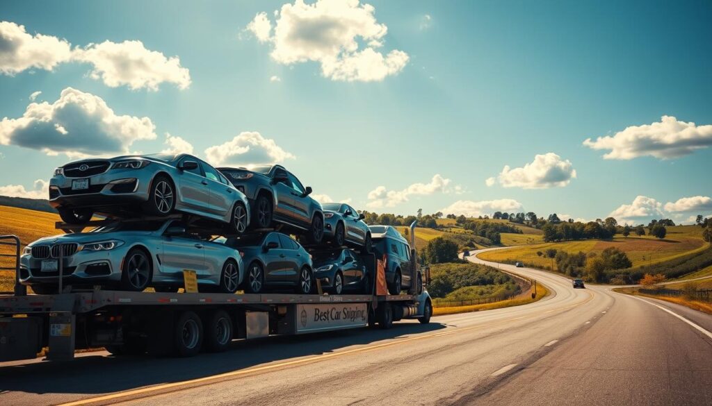A lively scene of car transport in Bardstown, Kentucky, featuring a transport truck loaded with diverse vehicles, including sedans and SUVs, gleaming under bright sunny skies. In the foreground, the truck bears the logo "Best Car Shipping Inc," prominently displayed. The middle ground showcases lush Kentucky landscapes, with rolling hills and trees lining a winding road, conveying a sense of movement and reliability. In the background, a blue sky with fluffy clouds enhances the tranquil atmosphere. Use warm, natural lighting to create a welcoming feel, shot from a slight low angle for a dynamic perspective, emphasizing the importance of professional auto transport services. The overall mood is one of trust, professionalism, and efficiency in car shipping. A lively scene of car transport in Bardstown, Kentucky, featuring a transport truck loaded with diverse vehicles, including sedans and SUVs, gleaming under bright sunny skies. In the foreground, the truck bears the logo "Best Car Shipping Inc," prominently displayed. The middle ground showcases lush Kentucky landscapes, with rolling hills and trees lining a winding road, conveying a sense of movement and reliability. In the background, a blue sky with fluffy clouds enhances the tranquil atmosphere. Use warm, natural lighting to create a welcoming feel, shot from a slight low angle for a dynamic perspective, emphasizing the importance of professional auto transport services. The overall mood is one of trust, professionalism, and efficiency in car shipping.