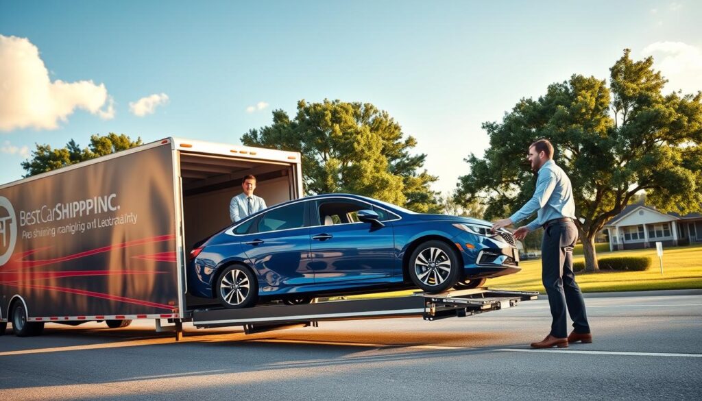 A local pickup delivery scene in Ringgold, Louisiana, featuring a professional car shipping service. In the foreground, a shiny blue sedan is being loaded onto a sleek car transport truck with the brand name "Best Car Shipping Inc" visibly displayed. The driver, dressed in a business casual attire, shows a friendly demeanor as they assist in the loading process. In the middle ground, the transport truck stands on a well-maintained road, surrounded by lush green trees typical of Louisiana. The background showcases a clear blue sky with soft white clouds, and a hint of distant southern-style homes. The warm afternoon sunlight bathes the scene, creating a welcoming and trustworthy atmosphere, captured from a slightly elevated angle to emphasize the interaction and the local charm.