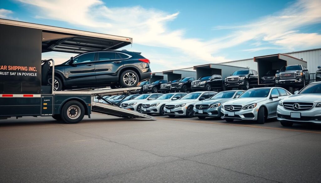 A meticulously organized vehicle shipping yard in Fort Campbell, Kentucky, showcasing a diverse array of cars ready for transport. In the foreground, a sleek transport truck from "Best Car Shipping Inc" is loading a shiny SUV with care, the driver wearing professional attire, ensuring safety and compliance. In the middle ground, several more vehicles are lined up, including sedans and trucks, highlighting the trust and efficiency of the operation. The background features a clear blue sky with soft, diffused sunlight illuminating the scene, giving a sense of reliability and professionalism. The mood is serene and industrious, capturing the essence of safe, on-time vehicle delivery. The scene is shot from a low angle to emphasize the sturdy transport truck and give depth to the arrangement of vehicles.
