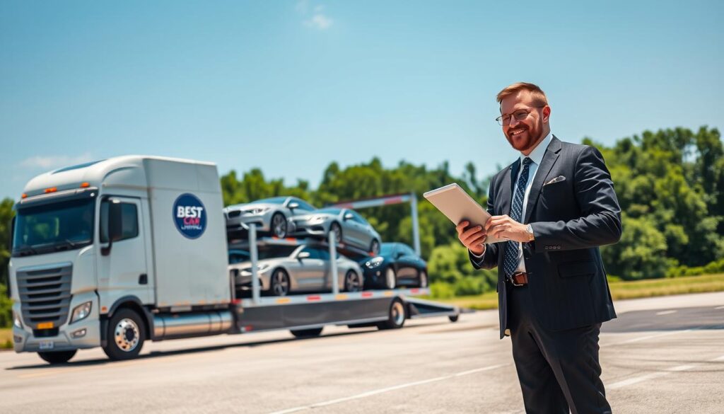 A modern auto transport company, "Best Car Shipping Inc," located in Haughton, Louisiana. In the foreground, a sleek, well-maintained car carrier truck transports various vehicles, showcasing a mix of brands and models. The company logo is prominently displayed on the side of the truck. In the middle ground, a friendly employee in professional attire oversees the loading of cars while using a tablet to manage operations. The background features a clear blue sky and the lush greenery of Louisiana, evoking a sense of reliability and trust. The lighting is bright and natural, emphasizing the professionalism of the service. The image conveys an atmosphere of dependability and efficiency, ideal for promoting auto transport services.