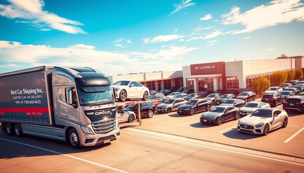 A modern auto transport scene featuring a sleek car carrier truck from "Best Car Shipping Inc" in the foreground, expertly loaded with a variety of high-end vehicles. The middle ground showcases a bustling dealership with rows of pristine cars on display, demonstrating an efficient inventory setup. In the background, a bright blue sky contrasts with the dealership's contemporary architecture, emphasizing professionalism. Warm lighting highlights the shiny car surfaces, while a dynamic angle captures the depth of the scene. The overall mood conveys efficiency and reliability, reflecting the demands of contemporary auto transport and customer delivery. The image should not have any text, logos, or watermarks.