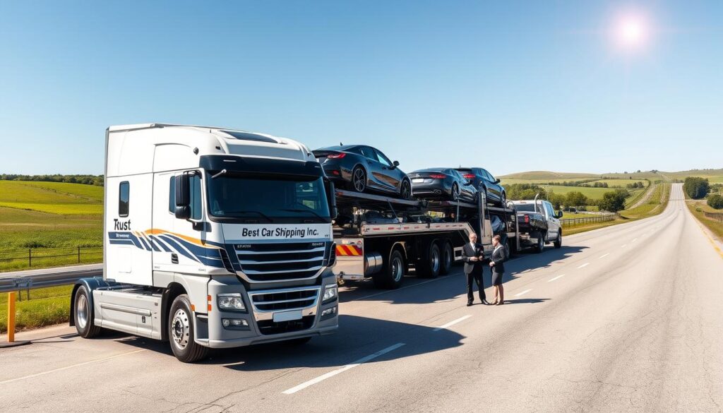 A modern auto transport scene showcasing a professional car shipping service in Scottsville, Kentucky. In the foreground, a sleek car carrier truck labeled "Best Car Shipping Inc" is parked, with several pristine vehicles securely loaded. The middle ground features a clean, organized logistics yard with work staff in professional business attire reviewing paperwork and managing the transport process, conveying trust and efficiency. The background includes open roads lined with greenery and slight hills, illustrating a serene rural landscape typical of Scottsville. Bright, daylight lighting enhances the vibrant colors, while a slight lens flare adds a dynamic touch. The overall atmosphere is one of professionalism, reliability, and community service, emphasizing the importance of trusted auto transport services for local drivers and businesses.