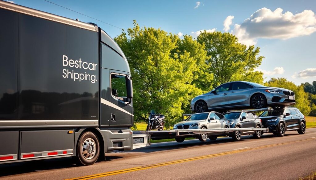 A modern auto transport service scene featuring a sleek, shiny car loaded onto a state-of-the-art transport truck branded with "Best Car Shipping Inc." In the foreground, the truck is parked on a wide, well-maintained rural road, showcasing its impressive size and features. In the middle ground, a variety of vehicles, including a motorcycle and an SUV, are ready for shipping, surrounded by bright green trees typical of the Kentucky landscape. The background displays a clear, blue sky with a few fluffy clouds, invoking a sense of trust and reliability. The lighting is warm and inviting, creating a professional atmosphere. The angle is slightly elevated, capturing the entire transport setup, emphasizing the efficient, trustworthy service offered by the auto transport company in Paris, KY.