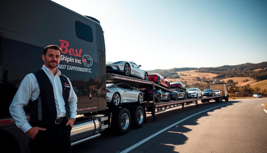 A modern auto transport service scene set in Waynesburg, Kentucky. In the foreground, a professional driver wearing a crisp uniform stands beside a shiny, well-maintained transport truck proudly displaying the logo "Best Car Shipping Inc." The middle ground features several classic and luxury vehicles securely loaded on the truck, showcasing a variety of colors and styles. In the background, a picturesque landscape of Waynesburg with rolling hills and trees under a clear blue sky. The lighting is bright and sunny, casting soft shadows to enhance the scene's clarity. The angle is slightly low, emphasizing the truck's stature and the professionalism of the service, creating a dependable and inviting atmosphere for potential customers seeking reliable auto transport options.