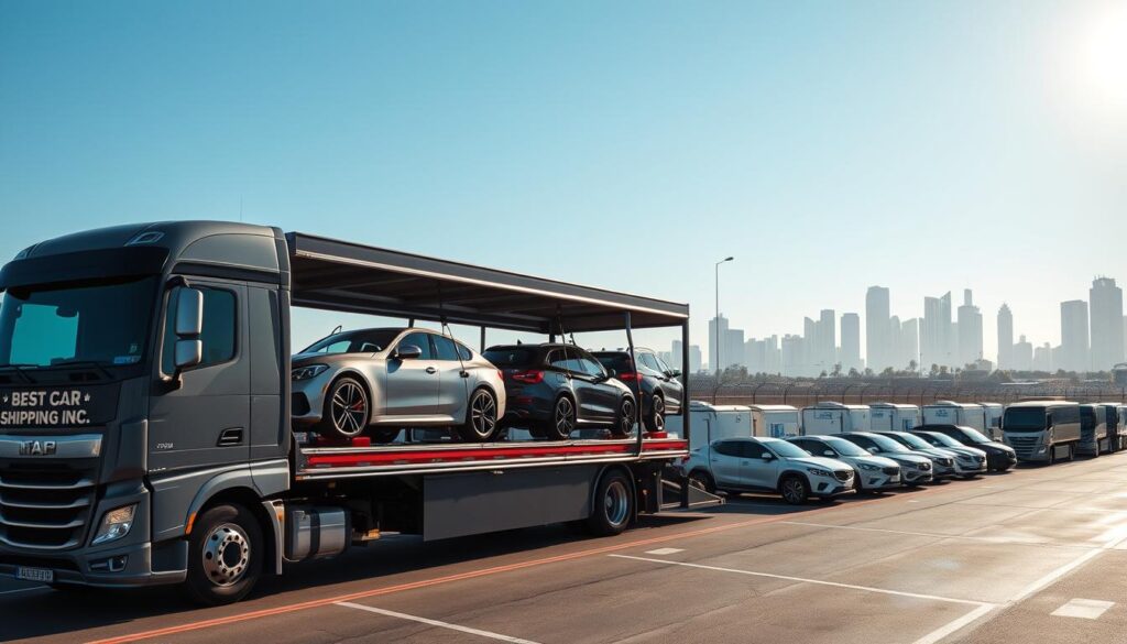 A modern auto transport truck in the foreground, featuring the brand name "Best Car Shipping Inc" prominently displayed. The truck is loaded with stylish cars, showcasing a range of vehicles from sedans to SUVs, all securely strapped and ready for transport. In the middle ground, an organized transport yard with additional trucks, showcasing efficient operations and sturdy security measures like fencing and cameras, under a bright, clear blue sky. Soft, natural sunlight casts dynamic shadows, enhancing the details of the vehicles. In the background, a city skyline hints at urban service capabilities, symbolizing nationwide reach. The mood is professional and trustworthy, conveying a sense of fast and secure service.