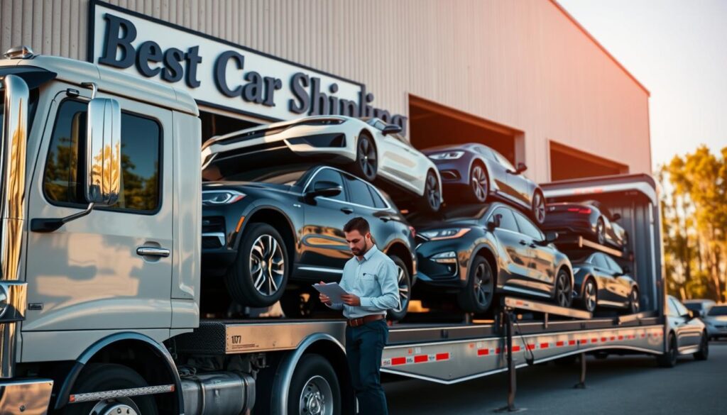 A modern auto transport truck loaded with various cars, showcasing a sleek sedan, an SUV, and a vintage car, parked in front of a well-maintained warehouse with the sign "Best Car Shipping Inc" prominently displayed. In the foreground, the truck driver, dressed in professional attire, inspects the vehicles with a clipboard in hand. The middle ground features the truck's shiny chrome details and the cargo area filled with secure car ties, conveying reliability and safety. The background includes a clear blue sky and distant trees typical of Ruston, Louisiana. Soft, warm lighting enhances the scene, evoking a professional and trustworthy atmosphere while focusing on the auto transport theme. A modern auto transport truck loaded with various cars, showcasing a sleek sedan, an SUV, and a vintage car, parked in front of a well-maintained warehouse with the sign "Best Car Shipping Inc" prominently displayed. In the foreground, the truck driver, dressed in professional attire, inspects the vehicles with a clipboard in hand. The middle ground features the truck's shiny chrome details and the cargo area filled with secure car ties, conveying reliability and safety. The background includes a clear blue sky and distant trees typical of Ruston, Louisiana. Soft, warm lighting enhances the scene, evoking a professional and trustworthy atmosphere while focusing on the auto transport theme.