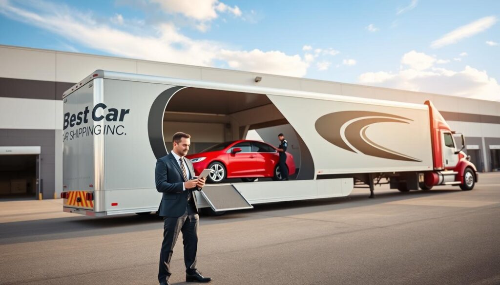 A modern auto transport truck with a sleek design, prominently displaying "Best Car Shipping Inc" on the side, parked in front of a large, clean warehouse in Mayfield, Kentucky. In the foreground, a well-dressed professional in business attire stands confidently next to the truck, discussing transport logistics on a tablet. The middle of the image features a shiny red car being carefully loaded onto the transport trailer by a dedicated, uniformed crew member. In the background, a bright blue sky with soft clouds creates an inviting atmosphere, while natural sunlight illuminates the scene, emphasizing safety and reliability. Overall, the mood conveys trust and professionalism, embodying the essence of reliable auto transport services.
