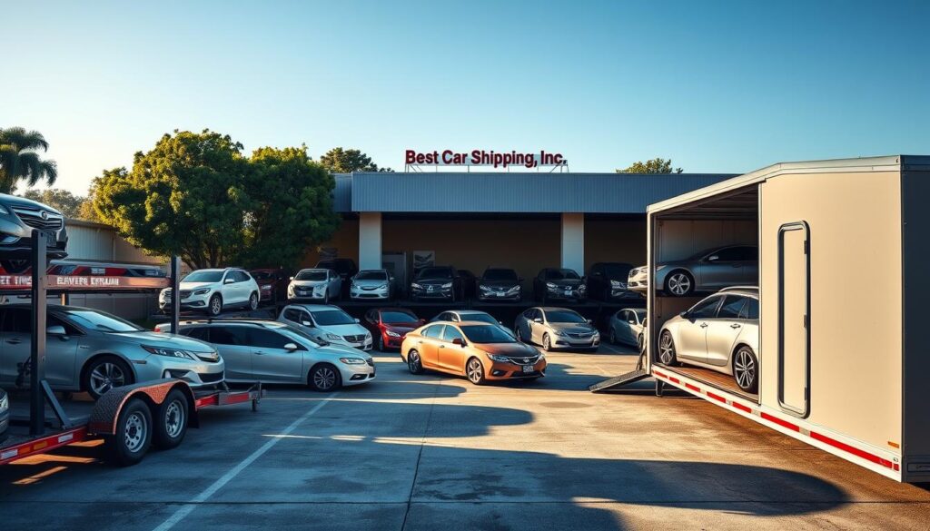 A modern car shipping facility in Houma, Louisiana, showcasing a range of car transport options. In the foreground, multiple car carriers, including an open trailer and an enclosed transport truck, are parked side by side, highlighting different shipping styles. The middle ground displays various vehicles, from sedans to SUVs, ready for transport, with clear, vibrant colors. In the background, the facility’s signage featuring "Best Car Shipping Inc" is visible, along with lush greenery typical of Louisiana. The scene is bathed in warm afternoon sunlight, casting soft shadows, and captures a bustling yet professional atmosphere, emphasizing reliability and expert service. A wide-angle view enhances the sense of space and variety of options available for car shipping.
