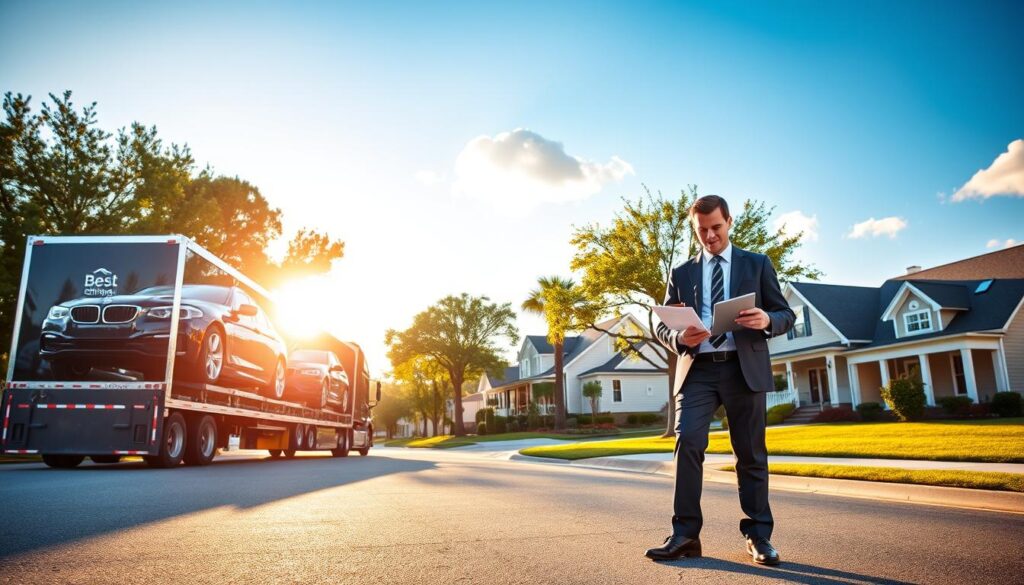 A modern car shipping scene showcasing "Best Car Shipping Inc" in Abbeville, Louisiana. In the foreground, a sleek, shiny transport truck loaded with luxury vehicles, the brand name clearly visible on the side. The middle shows a suburban street lined with green trees and quaint homes reflecting Southern charm, while a friendly professional in smart business attire checks paperwork, ensuring a smooth car pickup. In the background, a bright blue sky with a few fluffy white clouds adds to the inviting atmosphere. The lighting is warm and natural, favoring a late afternoon golden hour, casting soft shadows. The mood is one of reliability and trust, emphasizing expert service in auto transport.