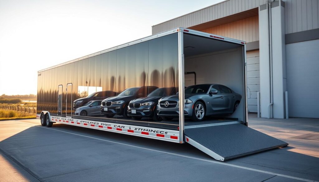 A modern car transport enclosed trailer parked in a scenic location in Port Allen, Louisiana. In the foreground, the sleek trailer, prominently featuring the brand name "Best Car Shipping Inc," shows an array of vehicles safely secured inside, showcasing diverse models, including sedans, SUVs, and luxury cars. The middle ground reveals a backdrop of a well-maintained loading dock with clear skies and the iconic Louisiana bayou landscape enhancing the setting. Soft, natural lighting casts gentle shadows, highlighting the details of the trailer and vehicles. A wide-angle perspective captures the depth of the scene, creating a sense of trust and professionalism. The overall mood is calm and reliable, emphasizing the dependable nature of car shipping and auto transport services. A modern car transport enclosed trailer parked in a scenic location in Port Allen, Louisiana. In the foreground, the sleek trailer, prominently featuring the brand name "Best Car Shipping Inc," shows an array of vehicles safely secured inside, showcasing diverse models, including sedans, SUVs, and luxury cars. The middle ground reveals a backdrop of a well-maintained loading dock with clear skies and the iconic Louisiana bayou landscape enhancing the setting. Soft, natural lighting casts gentle shadows, highlighting the details of the trailer and vehicles. A wide-angle perspective captures the depth of the scene, creating a sense of trust and professionalism. The overall mood is calm and reliable, emphasizing the dependable nature of car shipping and auto transport services.