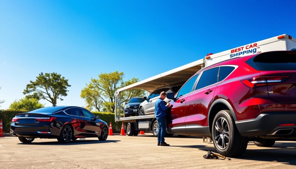 A modern car transport truck carrying several vehicles, parked at a lush green parking area under a clear blue sky. The foreground features a sleek black sedan and a shiny red SUV, while the middle ground shows a professional driver wearing a blue uniform inspecting the vehicles. In the background, a well-maintained transport yard with orange traffic cones and a logo of “Best Car Shipping Inc” prominently displayed on the truck. The scene is bathed in warm sunlight, creating a welcoming and safe atmosphere that emphasizes customer care and reliability. The focus is sharp, and the angle is slightly low, highlighting the transport truck and vehicles, evoking trust and professionalism.