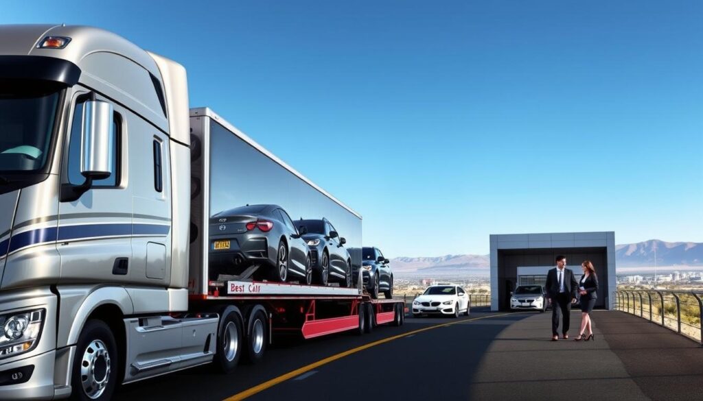 A modern dealer auto transport scene showcasing a fleet of transport trucks designed for car shipping, branded with "Best Car Shipping Inc". In the foreground, an elegantly designed transport truck with multiple vehicles secured on the trailer, gleaming under bright daylight. The middle ground features a busy car dealership with showroom cars and staff in professional attire discussing logistics. The background shows an expansive landscape with a clear blue sky and distant mountains, emphasizing the extensive reach of their services across the United States. The image conveys a sense of efficiency and professionalism, with crisp lighting and a slightly low-angle perspective to highlight the trucks and dealership, creating a dynamic and organized atmosphere. A modern dealer auto transport scene showcasing a fleet of transport trucks designed for car shipping, branded with "Best Car Shipping Inc". In the foreground, an elegantly designed transport truck with multiple vehicles secured on the trailer, gleaming under bright daylight. The middle ground features a busy car dealership with showroom cars and staff in professional attire discussing logistics. The background shows an expansive landscape with a clear blue sky and distant mountains, emphasizing the extensive reach of their services across the United States. The image conveys a sense of efficiency and professionalism, with crisp lighting and a slightly low-angle perspective to highlight the trucks and dealership, creating a dynamic and organized atmosphere.