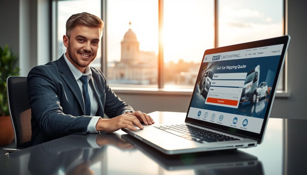 A modern digital scene showcasing the process of getting a car shipping quote in Mount Vernon, Kentucky. In the foreground, a professional-looking individual in business attire is sitting at a sleek, modern desk with a laptop open, displaying the website of "Best Car Shipping Inc." The middle ground features elements such as a form for entering car information and icons representing quotes and transportation services. In the background, a large window reveals a sunny day with a backdrop of Mount Vernon's iconic landmarks. The lighting is bright and inviting, suggesting a sense of reliability and professionalism, evoking a mood of trust and efficiency. The image should capture a clean, organized workspace, with a warm color palette that emphasizes a welcoming atmosphere.