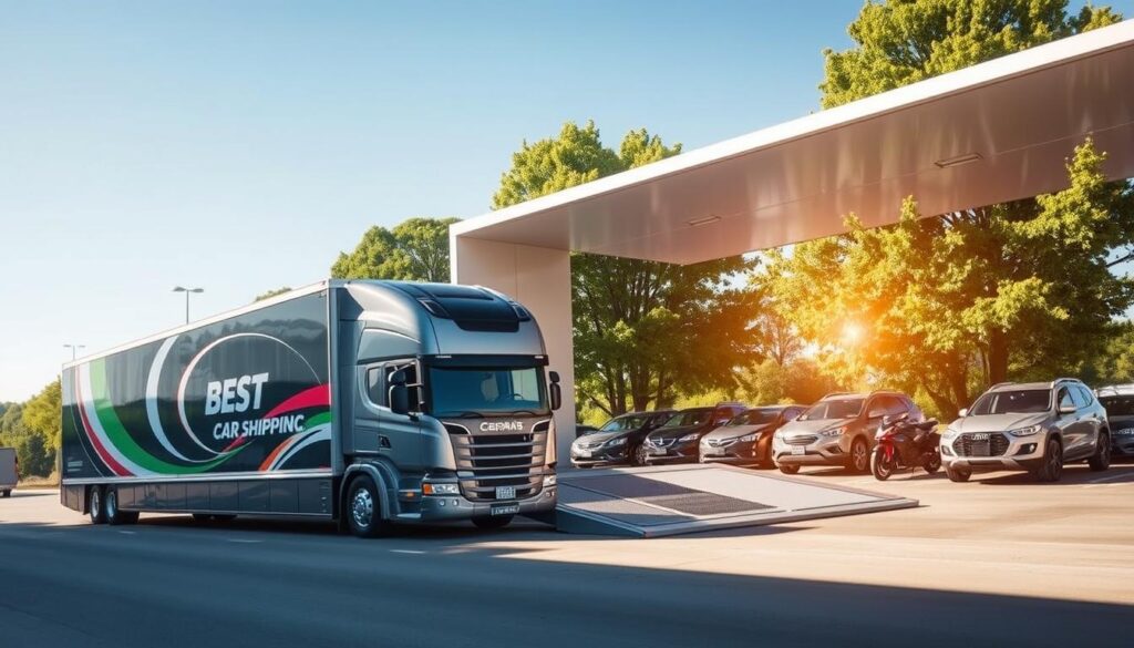 A modern, enclosed car transport truck operated by Best Car Shipping Inc is prominently featured in the foreground, showcasing its sleek design and vibrant branding. The truck is parked in a well-lit, spacious loading area in Sebree, Kentucky. In the middle ground, various vehicles of different types—sedans, SUVs, and motorcycles—are neatly arranged, indicating the service's versatility. The background features clear blue skies and lush green trees typical of the Kentucky landscape, enhancing the scene's peaceful ambiance. Soft sunlight casts gentle shadows, creating a warm and inviting atmosphere. The overall mood reflects reliability and professionalism, emphasizing expert auto transport services. This image captures the essence of safe and efficient vehicle shipping.