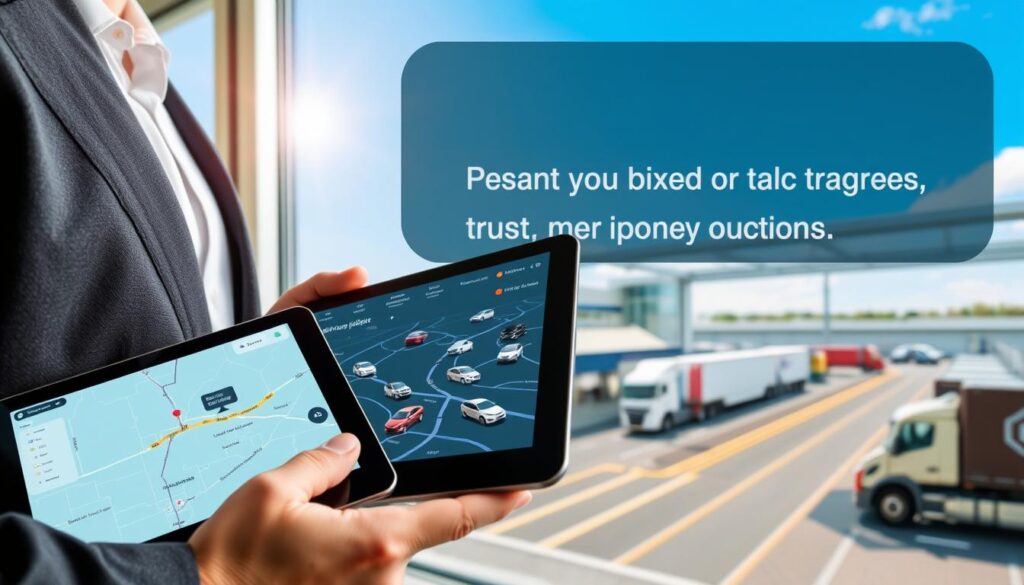 A modern, high-tech auto transport tracking system displayed on a sleek tablet held by a professional dressed in business attire. In the foreground, the tablet screen shows a map with moving car icons indicating real-time locations of vehicles in transit. The middle layer features a well-organized logistics office with computer monitors and shipping documents, and a window revealing a busy auto transport yard with trucks loading cars. The background showcases a clear blue sky with bright sunlight streaming in, highlighting the professionalism and reliability of Best Car Shipping Inc. The overall mood is one of efficiency and trust, illustrating the benefits of choosing a reliable, insured auto transport company. Use a wide-angle perspective to capture the entire scene with a warm, inviting color palette.