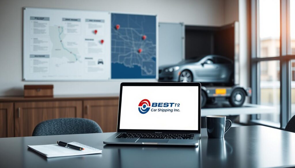 A modern office setting with a sleek desk in the foreground, featuring a professional-looking laptop displaying the logo of "Best Car Shipping Inc." A notepad and a coffee cup sit beside the laptop, conveying a sense of readiness. In the middle ground, a large map of Golden Meadow, Louisiana, is pinned on the wall, with visual markers indicating local transport routes. The background showcases a window with natural light streaming in, illuminating the space, creating a warm and inviting atmosphere. A soft-focus view of cars being loaded onto a transport truck can be seen outside the window, hinting at the car shipping service. The overall mood is professional, trustworthy, and efficient, ideal for conveying the essence of auto transport services.