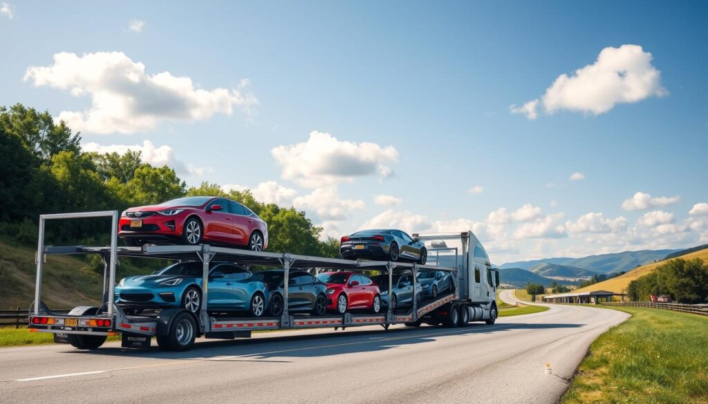 A modern, pristine car transport truck from "Best Car Shipping Inc." is parked in a scenic setting in Murray, Kentucky, showcasing a reliable and professional auto transport service. In the foreground, the truck is loaded with several colorful cars, highlighting their secure positioning with visible straps and ramps. The middle ground features a clean, well-maintained road lined with lush greenery and distant hills, symbolizing connectivity. The background reveals a blue sky with soft, fluffy clouds, evoking a sense of calm and trust. The lighting is bright and natural, suggesting midday sun, which enhances the vibrant colors of the vehicles and environment. The mood reflects professionalism and reliability, ideal for an article on car shipping services.