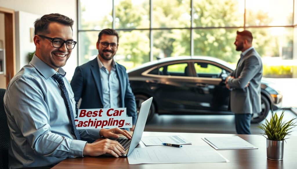 A modern, visually appealing vehicle shipping office scene showcasing a friendly and professional car shipping agent in business attire, assisting a customer. The foreground features a well-dressed agent with a laptop open, displaying the brand name "Best Car Shipping Inc", engaged in conversation with a satisfied customer. The middle ground highlights a sleek vehicle ready for shipping, with paperwork and a quote form visible on a desk. In the background, a large window reveals a sunny day in Ringgold, Louisiana, with lush greenery and light traffic outside. The lighting is bright and inviting, creating a warm atmosphere that conveys trust and efficiency. The composition is shot at eye level with a slight wide-angle lens, emphasizing both the professionalism of the office and the vibrant outdoor surroundings.